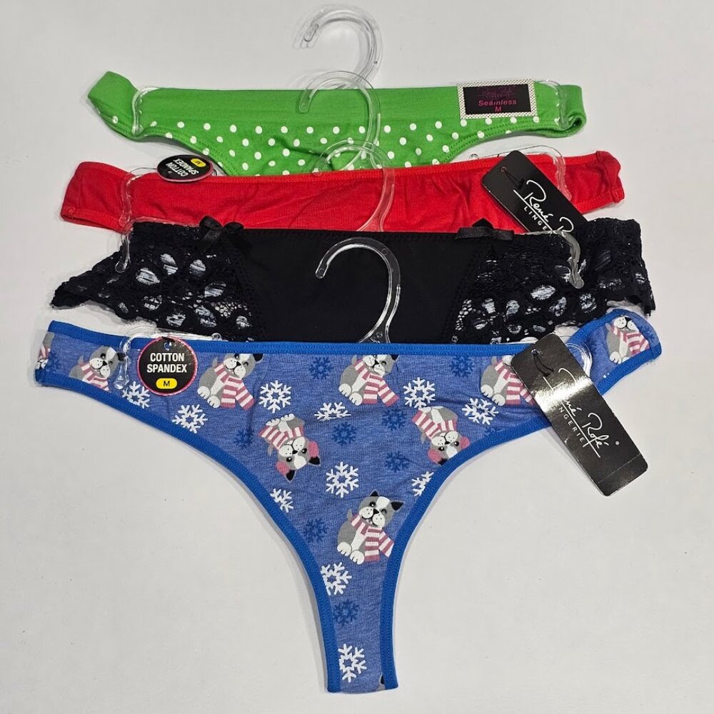 Rene Rofe Thong Panties Bundle Holiday Set 4Pack Size Medium